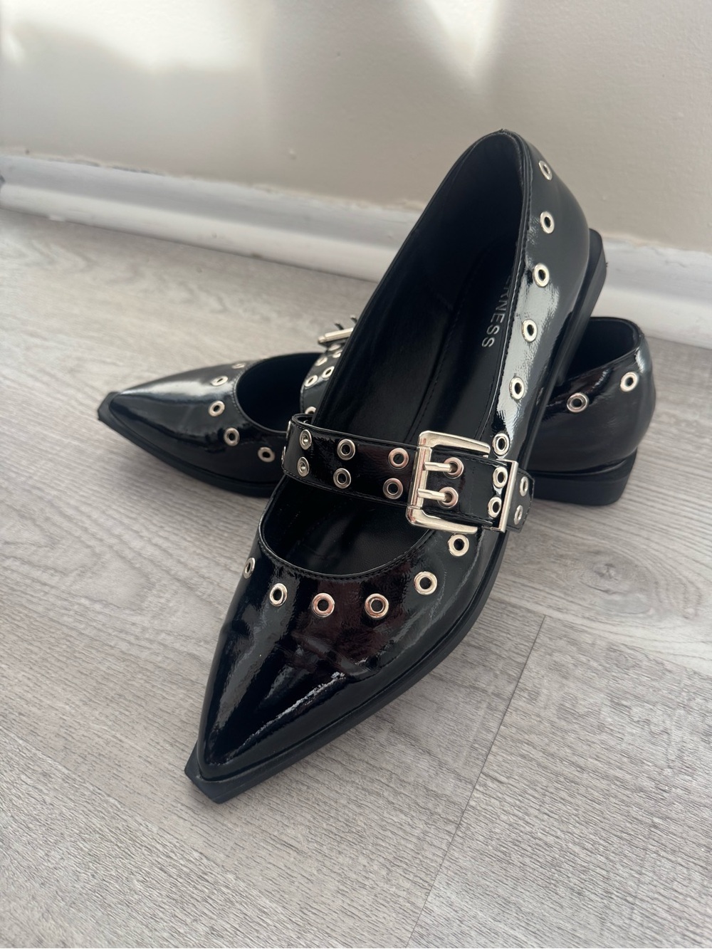 Patent Black Pointed Mary Jane Flats with Grommet Strap